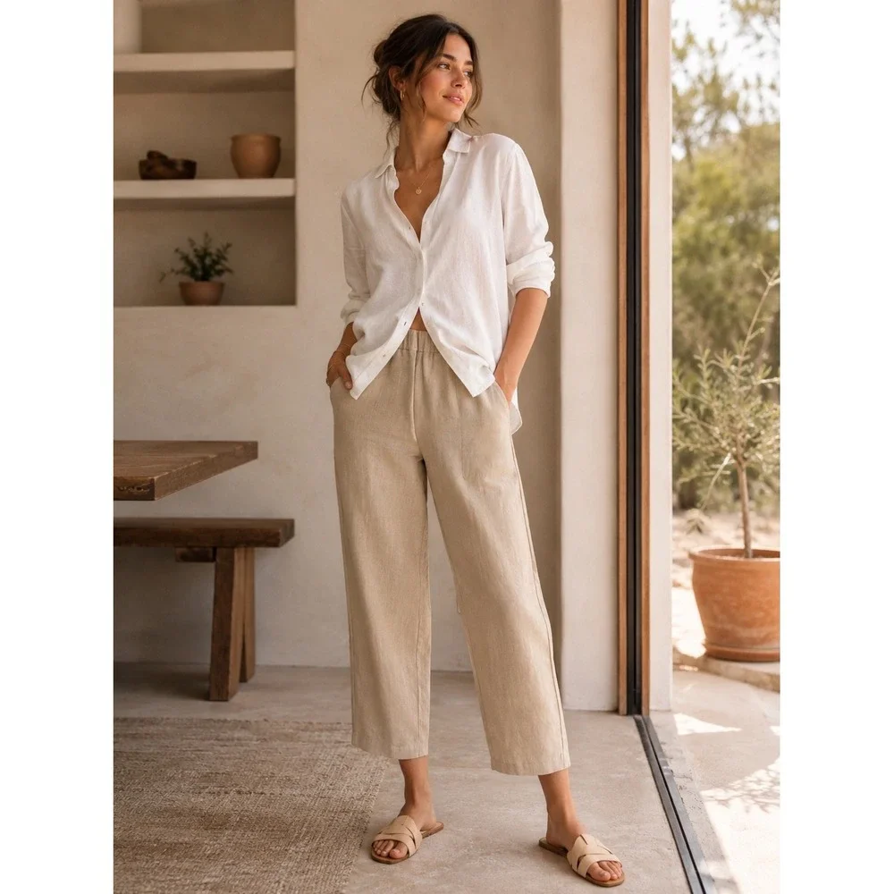 Quince‎ 100% EUROPEAN Linen Wide Leg CROP Pants DRIFTWOOD WOMEN L Elastic Waist